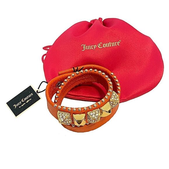 Juicy Couture Leather Jeweled Wrap Bracelet Orange Gold Studs NEW - Picture 7 of 8